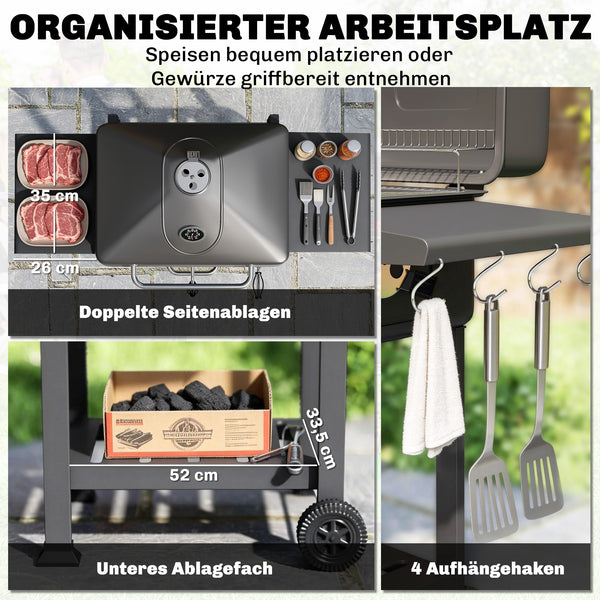 Holzkohlegrill BBQ Smoker höhenverstellbar mit Deckel und Thermometer
