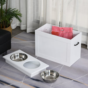 Hunde Fressnapf mit Stauraum 2 Edelstahlnäpfe Weiss