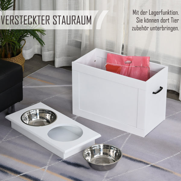 Hunde Fressnapf mit Stauraum 2 Edelstahlnäpfe Weiss