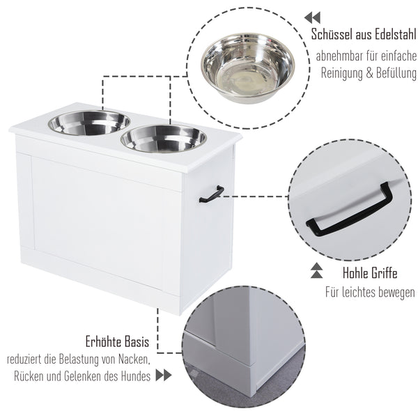 Hunde Fressnapf mit Stauraum 2 Edelstahlnäpfe Weiss