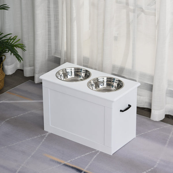 Hunde Fressnapf mit Stauraum 2 Edelstahlnäpfe Weiss