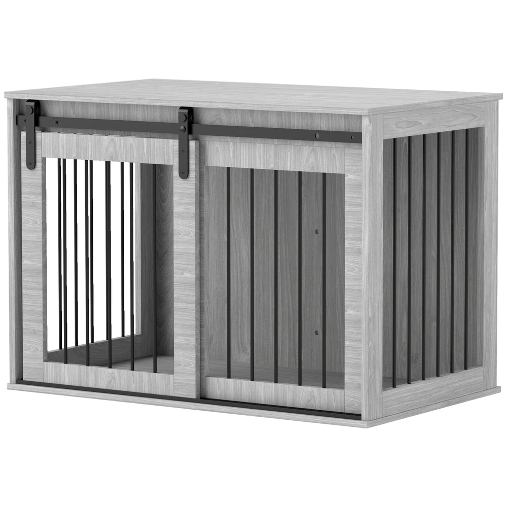 Hundebox mit Schiebetür und Belüftung aus Holz und Metall grau