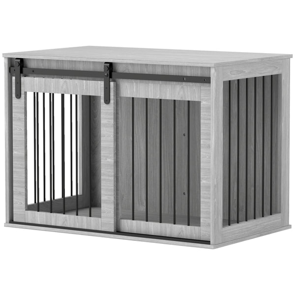 Hundebox mit Schiebetür und Belüftung aus Holz und Metall grau