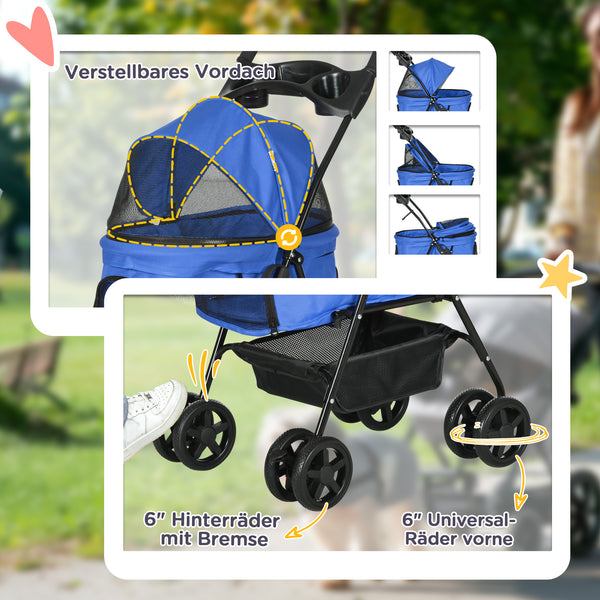Hundebuggy klappbar mit Dach und Becherhalter bis 4kg blau