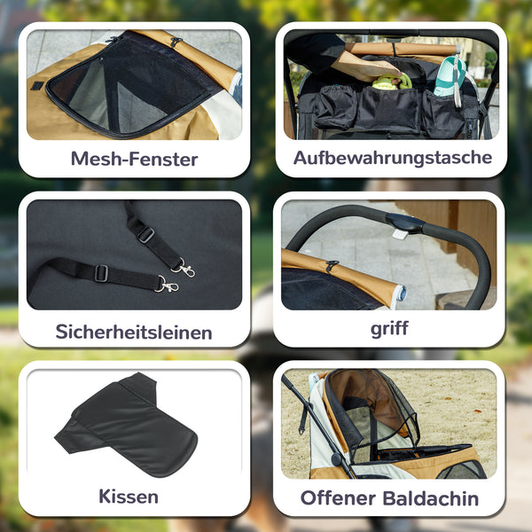 Hundebuggy faltbar mit 4 Rädern für grosse Hunde braun