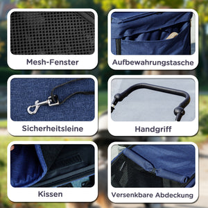 Hundebuggy faltbar mit Netzfenster für kleine Hunde dunkelblau
