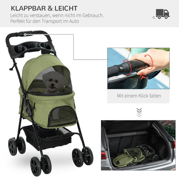 Hundebuggy klappbar mit Sicherheitsleinen und Becherhalter
