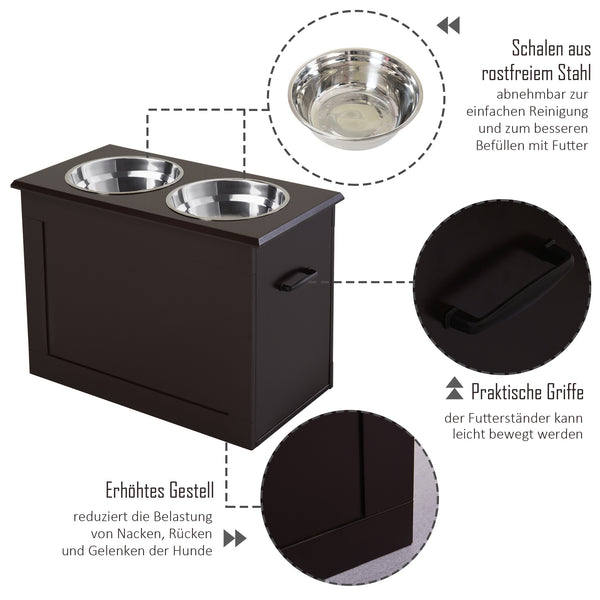 Hundefressnapf mit Stauraum 2 Näpfe Edelstahl Espresso
