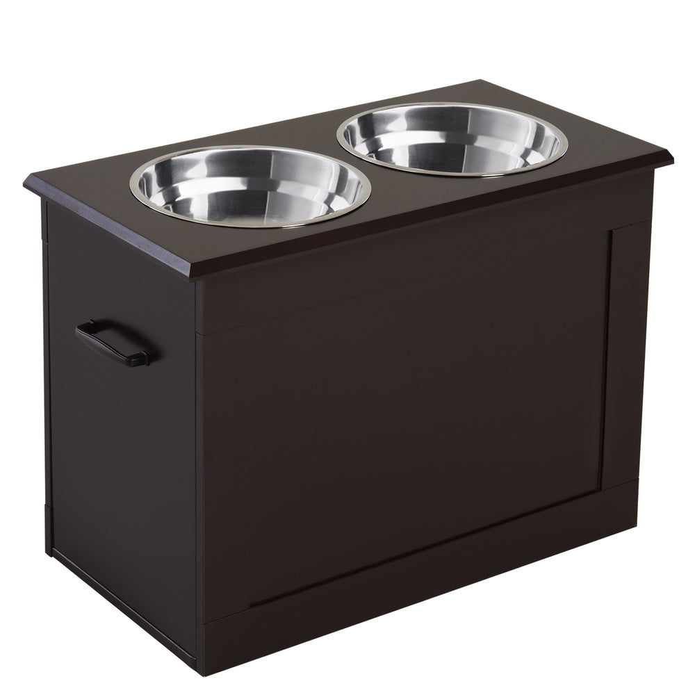 Dog food bowl with storage space, 2 bowls, stainless steel, espresso