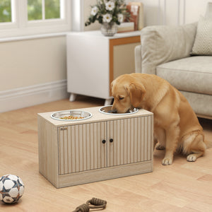 Hundefutterstation mit Schrank und 2 Edelstahlnäpfen für grosse Hunde Holz