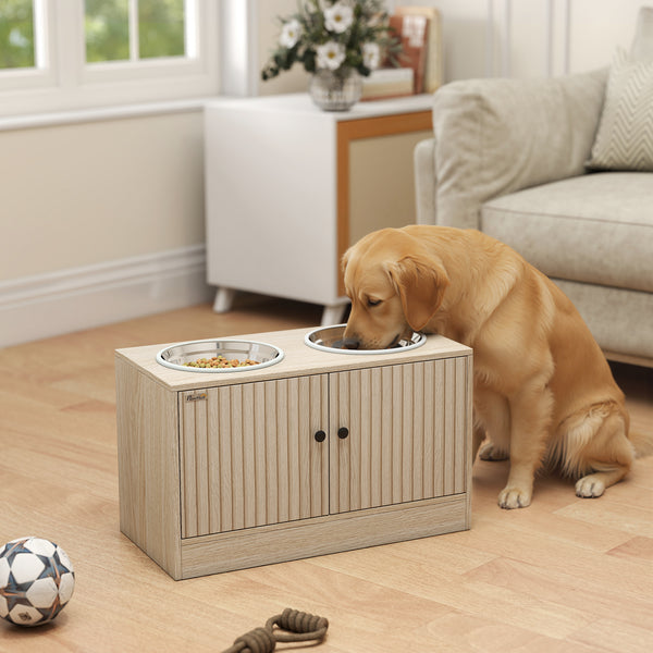 Hundefutterstation mit Schrank und 2 Edelstahlnäpfen für grosse Hunde Holz