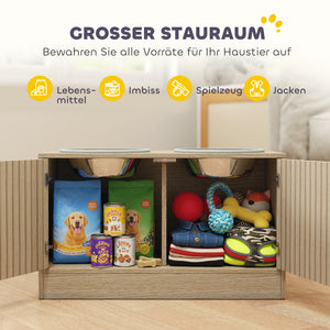 Hundefutterstation mit Schrank und 2 Edelstahlnäpfen für grosse Hunde Holz