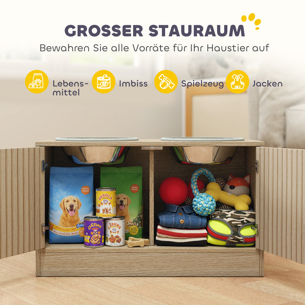 Hundefutterstation mit Schrank und 2 Edelstahlnäpfen für grosse Hunde Holz