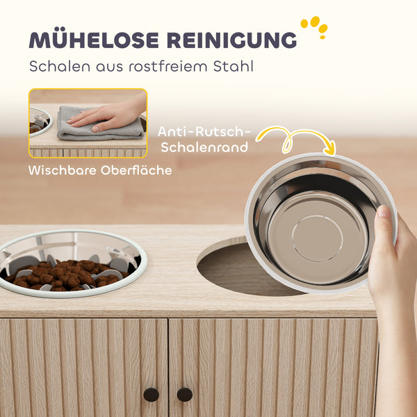 Hundefutterstation mit Schrank und 2 Edelstahlnäpfen für grosse Hunde Holz