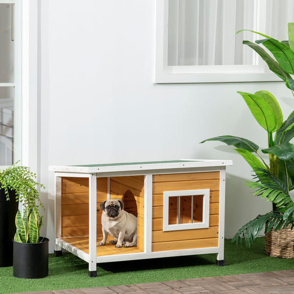 Hundehütte wetterfest mit Veranda und aufklappbarem Dach aus Holz