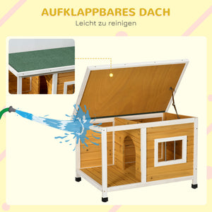 Hundehütte wetterfest mit Veranda und aufklappbarem Dach aus Holz