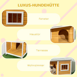 Hundehütte wetterfest mit Veranda und aufklappbarem Dach aus Holz