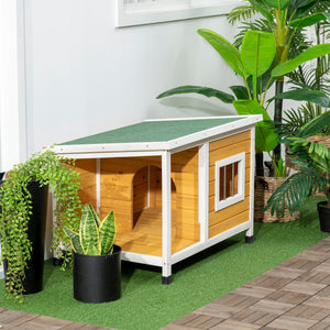 Hundehütte wetterfest mit Veranda und aufklappbarem Dach aus Holz