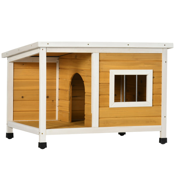 Hundehütte wetterfest mit Veranda und aufklappbarem Dach aus Holz