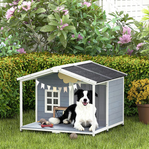 Hundehütte wetterfest erhöht mit Terrasse für mittlere Hunde aus Holz