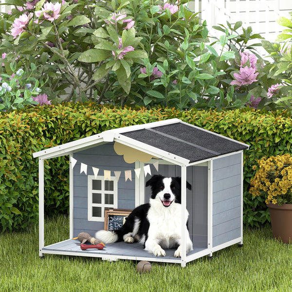 Hundehütte wetterfest erhöht mit Terrasse für mittlere Hunde aus Holz