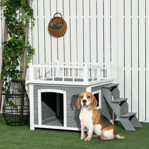 Hundehütte mit Dachterrasse und Treppe für draussen aus Holz