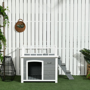 Hundehütte mit Dachterrasse und Treppe für draussen aus Holz