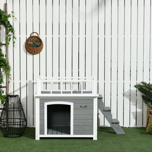 Hundehütte mit Dachterrasse und Treppe für draussen aus Holz