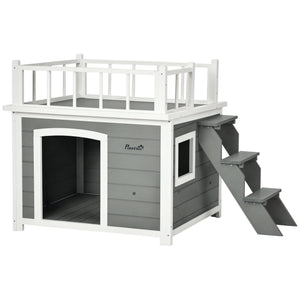 Hundehütte mit Dachterrasse und Treppe für draussen aus Holz