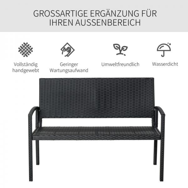 Gartenbank, in Rattanoptik, mit Stahlrahmen, für 2 Personen, Schwarz