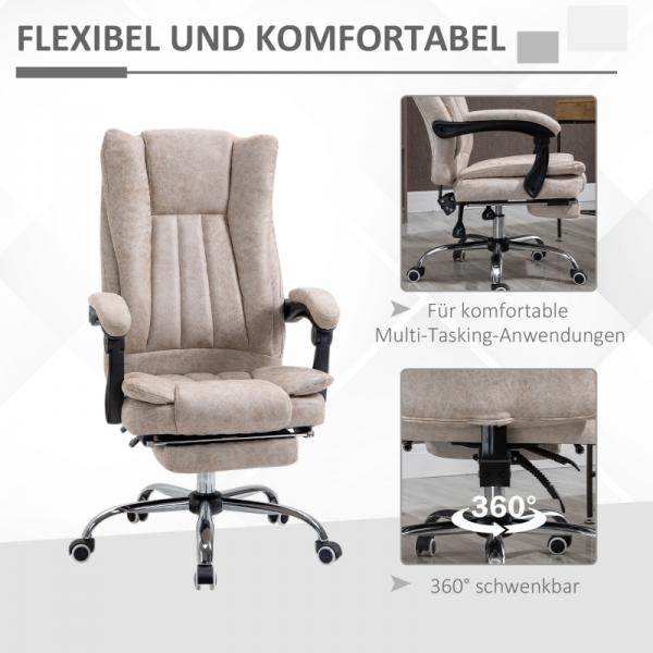 Bürostuhl Drehstuhl mit Liegefunktion Fussstütze Sitzhöhenverstellung Mikrofaser Beige+Schwarz+Silber