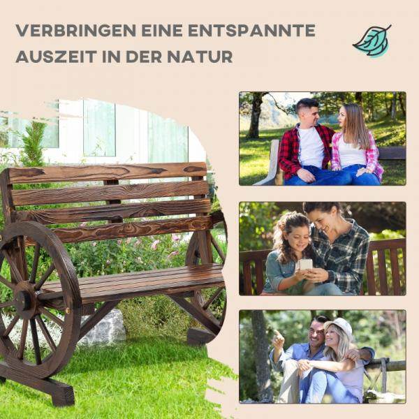 Outsunny Gartenbank, Wagenrad-Design, für 2 Personen, Naturholz, dunkelbraun