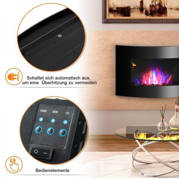 Elektrokamin Wandkamin 1800 Watt LED Fernbedienung Schwarz