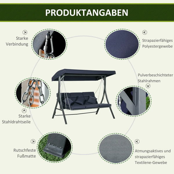 Hollywoodschaukel, für 3 Personen, verstellbares Sonnendach, bis 270 kg, dunkelblau