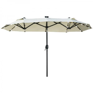 Doppelschirm, Terrassenschirm, neigbar, mit Solarpaneel, 35 LEDs, Stahlrahmen, beige