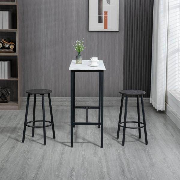 Bar-Set für 2 Personen, 1 Tisch mit 2 Barhockern, Tischplatte in Weisser Marmoroptik, Stahlrahmen