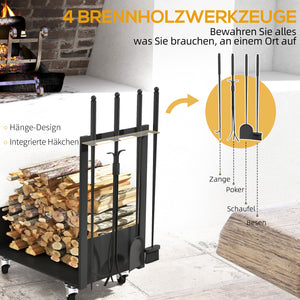 Kaminholzregal Kaminholzwagen  48x30x76cm mit Rädern Zubehör Schwarz