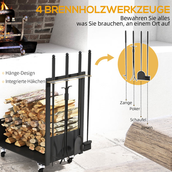 Kaminholzregal Kaminholzwagen  48x30x76cm mit Rädern Zubehör Schwarz