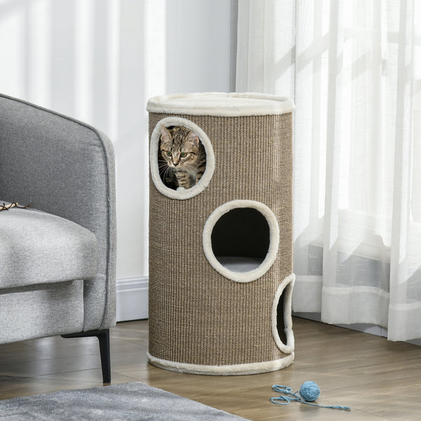 Katzen Kratztonne robust aus Sisal und Plüsch braun