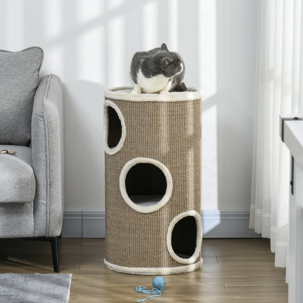 Katzen Kratztonne robust aus Sisal und Plüsch braun