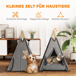 Tipi Zelt für Katzen und kleine Hunde mit Kissen grau