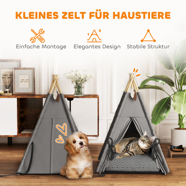 Tipi Zelt für Katzen und kleine Hunde mit Kissen grau