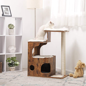 Katzenbaum Kratzbaum 3 Betten Höhle Sisalseil 86cm MDF Rustikal Braun
