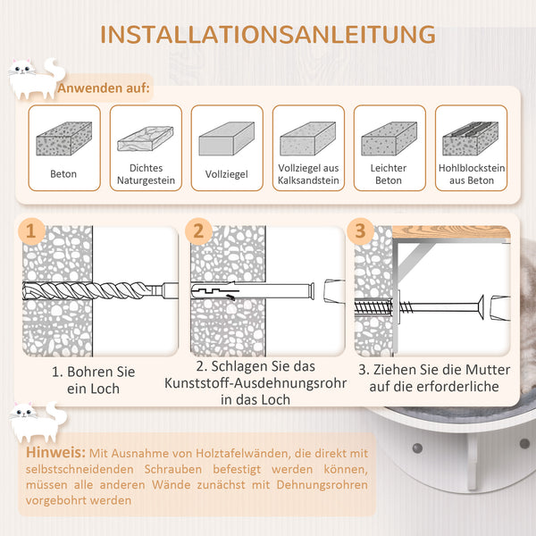 Katzenbett zur Wandmontage mit Plüschauflage Weiss Grau