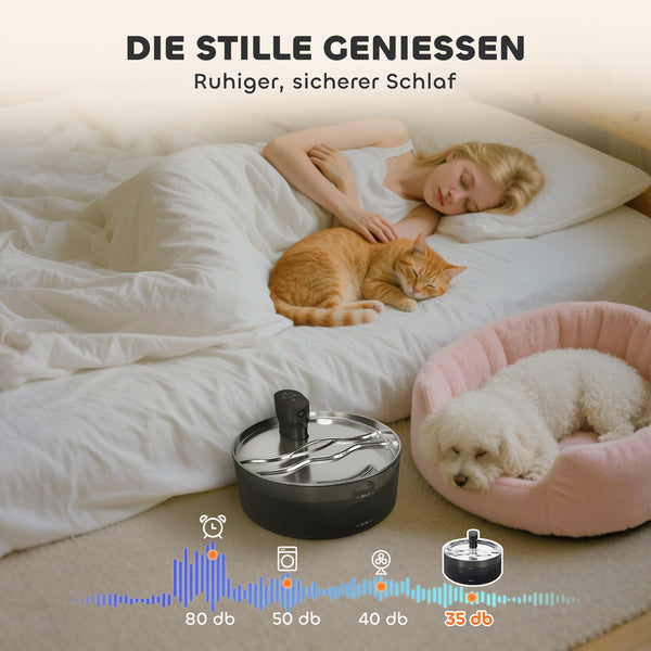 Katzenbrunnen leise mit Filter und LED für Katzen aus Edelstahl