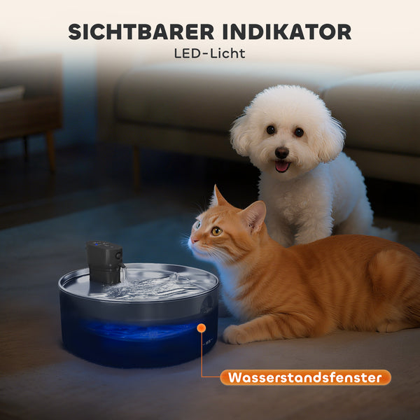 Katzenbrunnen leise mit Filter und LED für Katzen aus Edelstahl