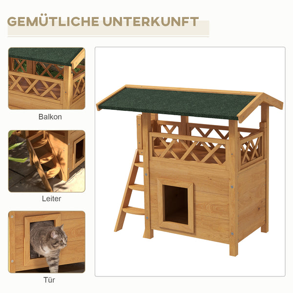 Katzenhaus 2-stöckig Holz mit Balkon & Treppe Natur