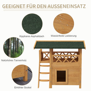 Katzenhaus 2-stöckig Holz mit Balkon & Treppe Natur