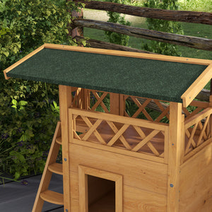 Katzenhaus 2-stöckig Holz mit Balkon & Treppe Natur
