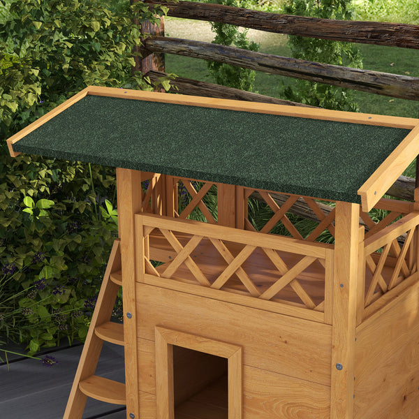Katzenhaus 2-stöckig Holz mit Balkon & Treppe Natur
